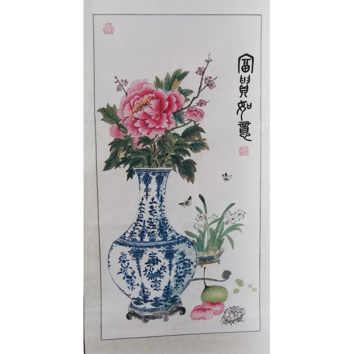 国画花鸟四尺中堂竖轴青花瓷牡丹_艺术品共享商城